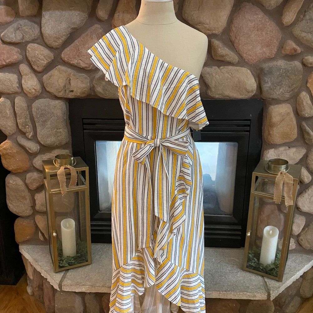 Lulus Yellow Striped Ruffle One Shoulder Midi Dress NWT